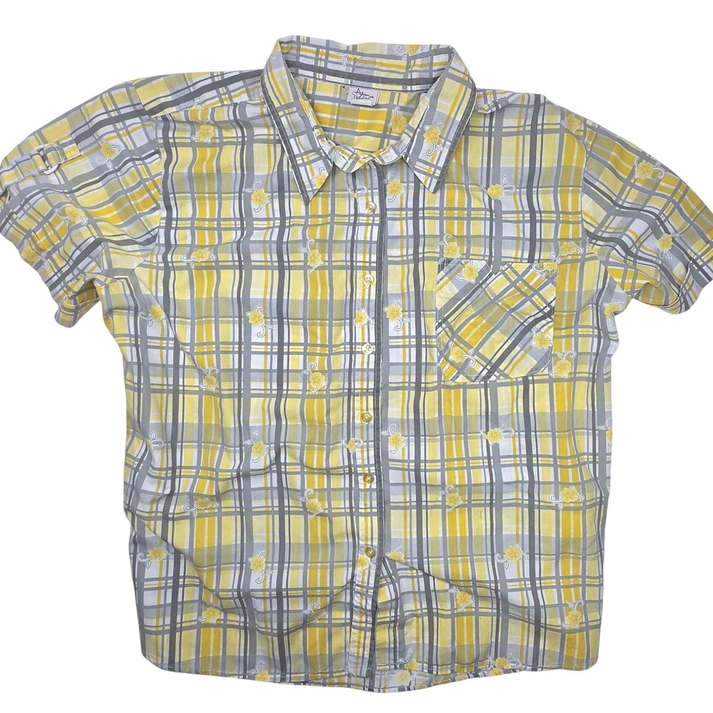 Adrian Delafield Mens Short Sleeve Plaid Floral Button Down Shirt Yellow Grey XL